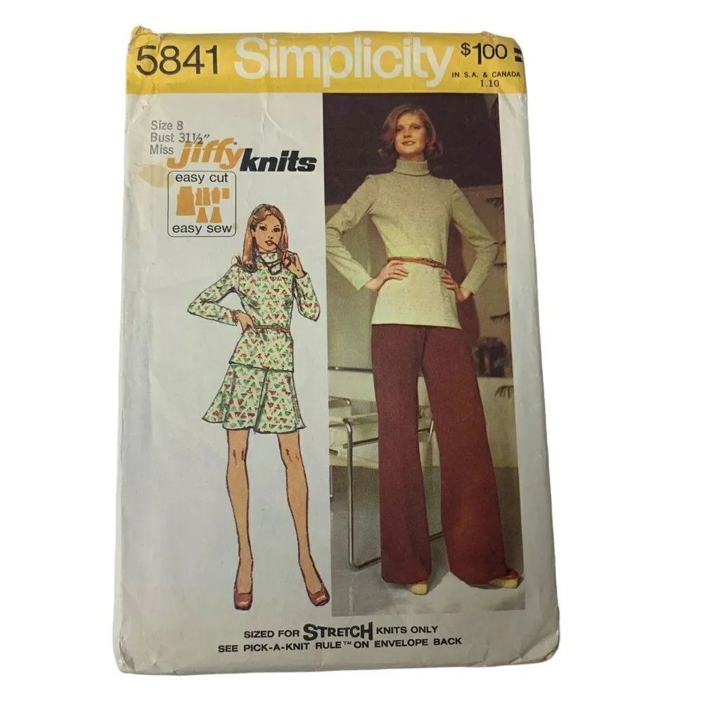 Vintage 70s Simplicity 5841 Pattern Misses 8-18 Jiffy Knit Top Skirt Pants Uncut